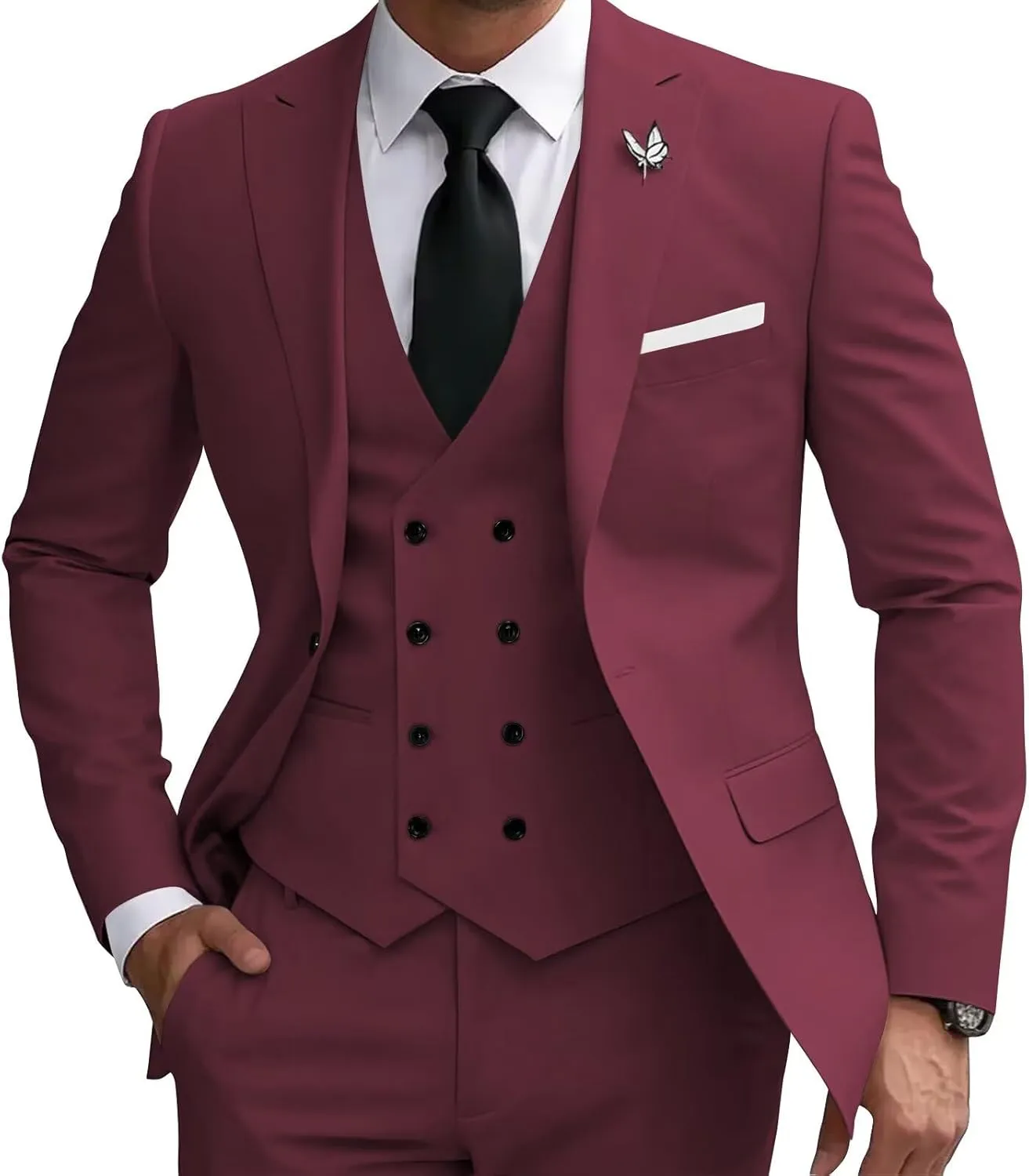 Wangyue Men's Suit 3 Piece Slim Fit Suit Double Breasted Vest Suit for Wedding Prom Party Dinner