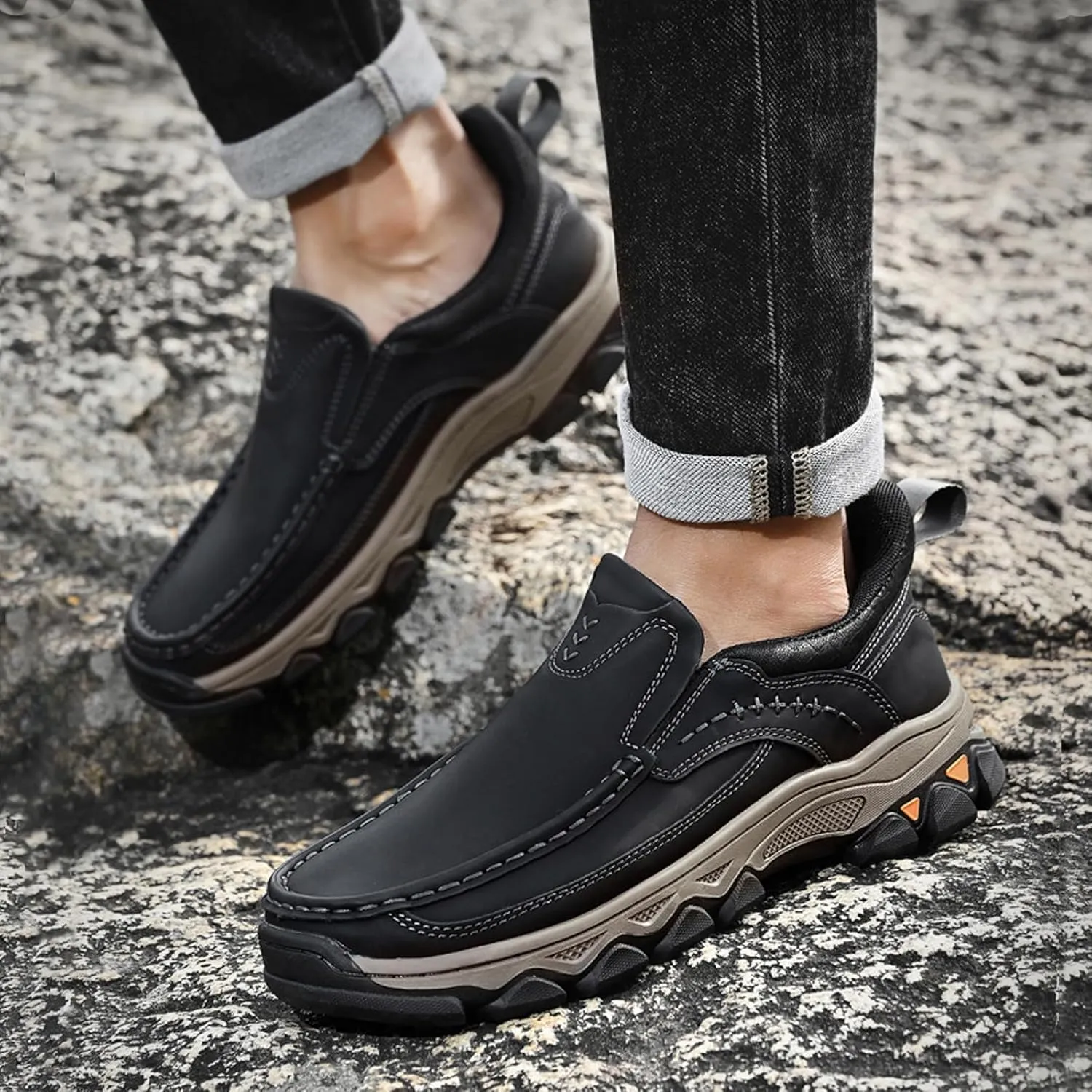Waterproof Shoes for Men Lightweight Hiking Shoes Breathable Leather Loafers Comfortable Walking Sneakers Outdoor Casual Oxford