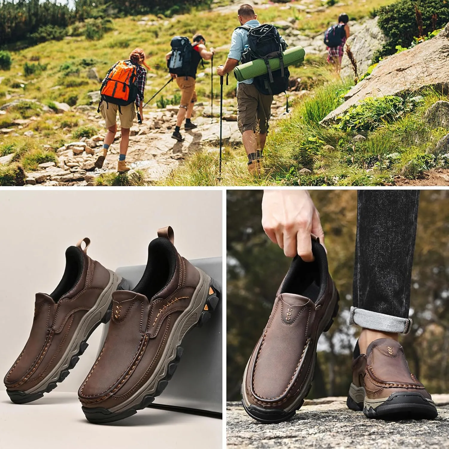 Waterproof Shoes for Men Lightweight Hiking Shoes Breathable Leather Loafers Comfortable Walking Sneakers Outdoor Casual Oxford