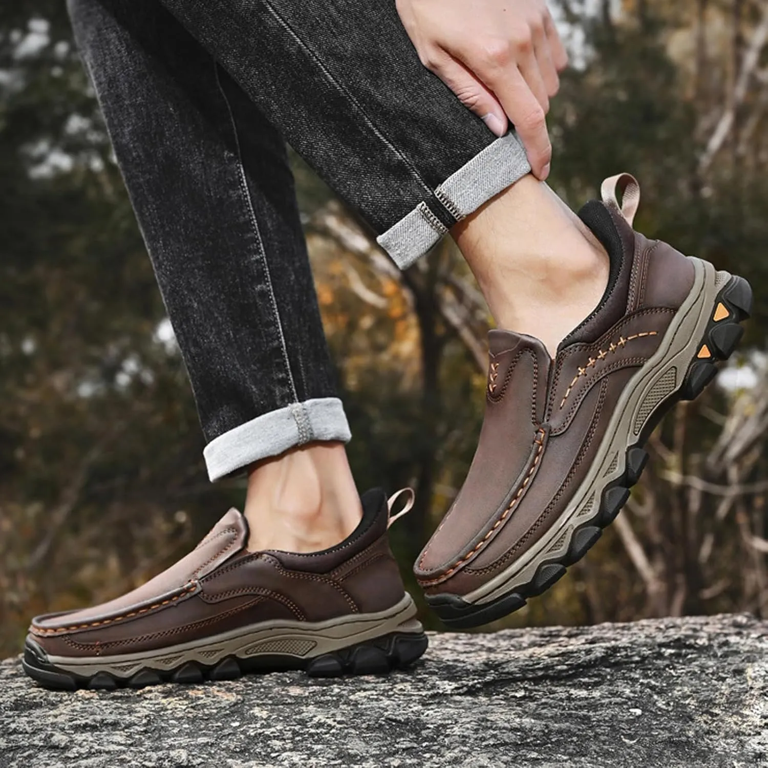 Waterproof Shoes for Men Lightweight Hiking Shoes Breathable Leather Loafers Comfortable Walking Sneakers Outdoor Casual Oxford