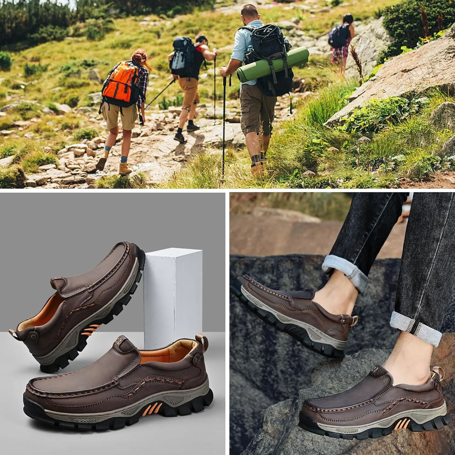 Waterproof Shoes for Men, Outdoor Casual Oxford, Lightweight Hiking Shoes, Breathable Leather Loafers, Comfortable Walking Sneakers