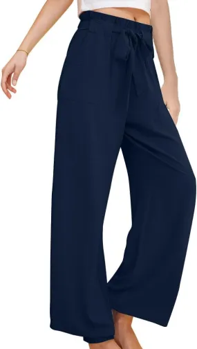 Women's Casual Pants High Waist Lace Up Straight Leg Long Pant Summer Trendy Solid Baggy Palazzo Trouser with Pockets