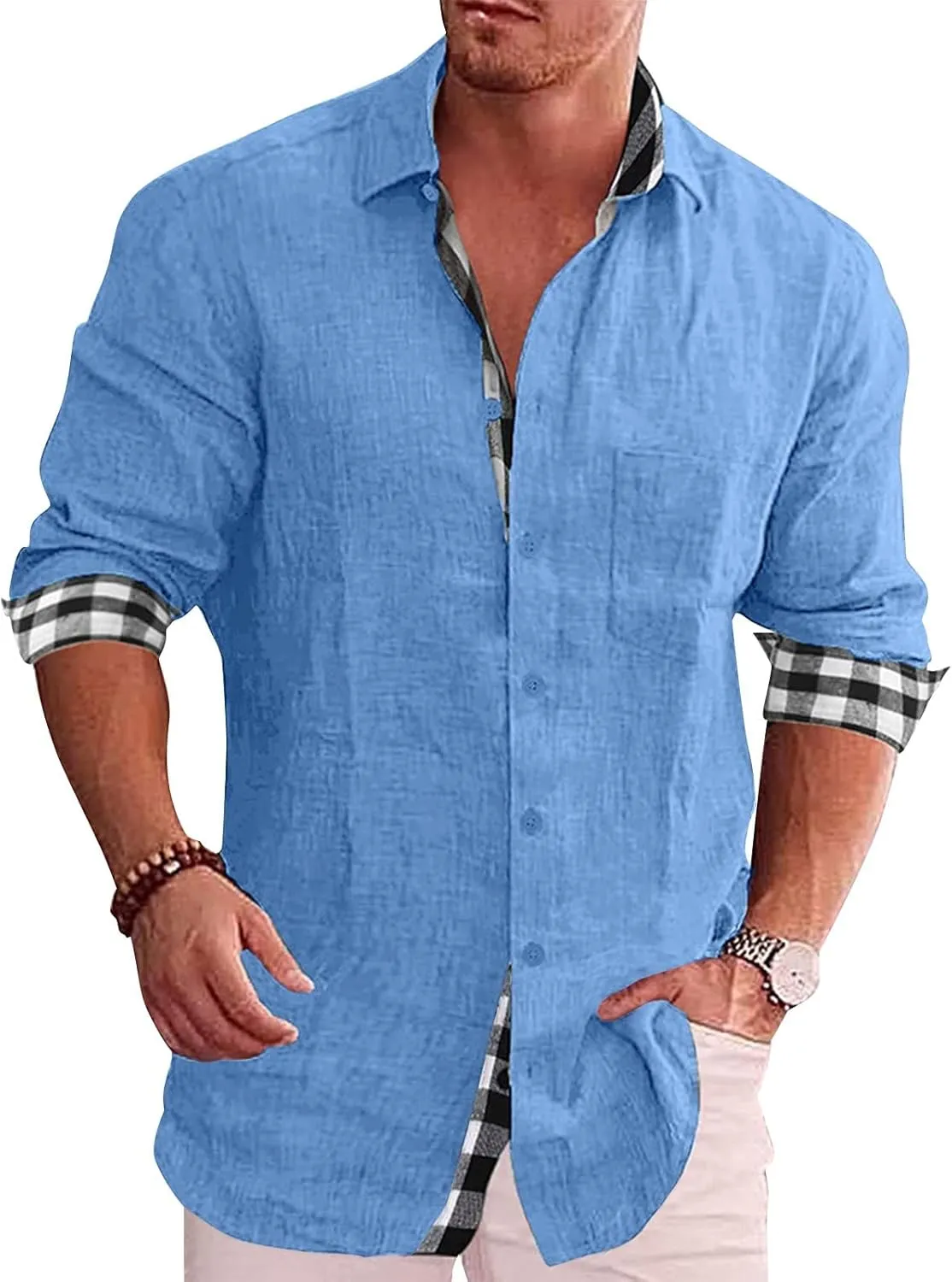 Ymosrh Men's Casual Dress Shirts Long Sleeve Classic Style Casual Button Down Plaid Collared Casual Dress Shirts, L-5XL