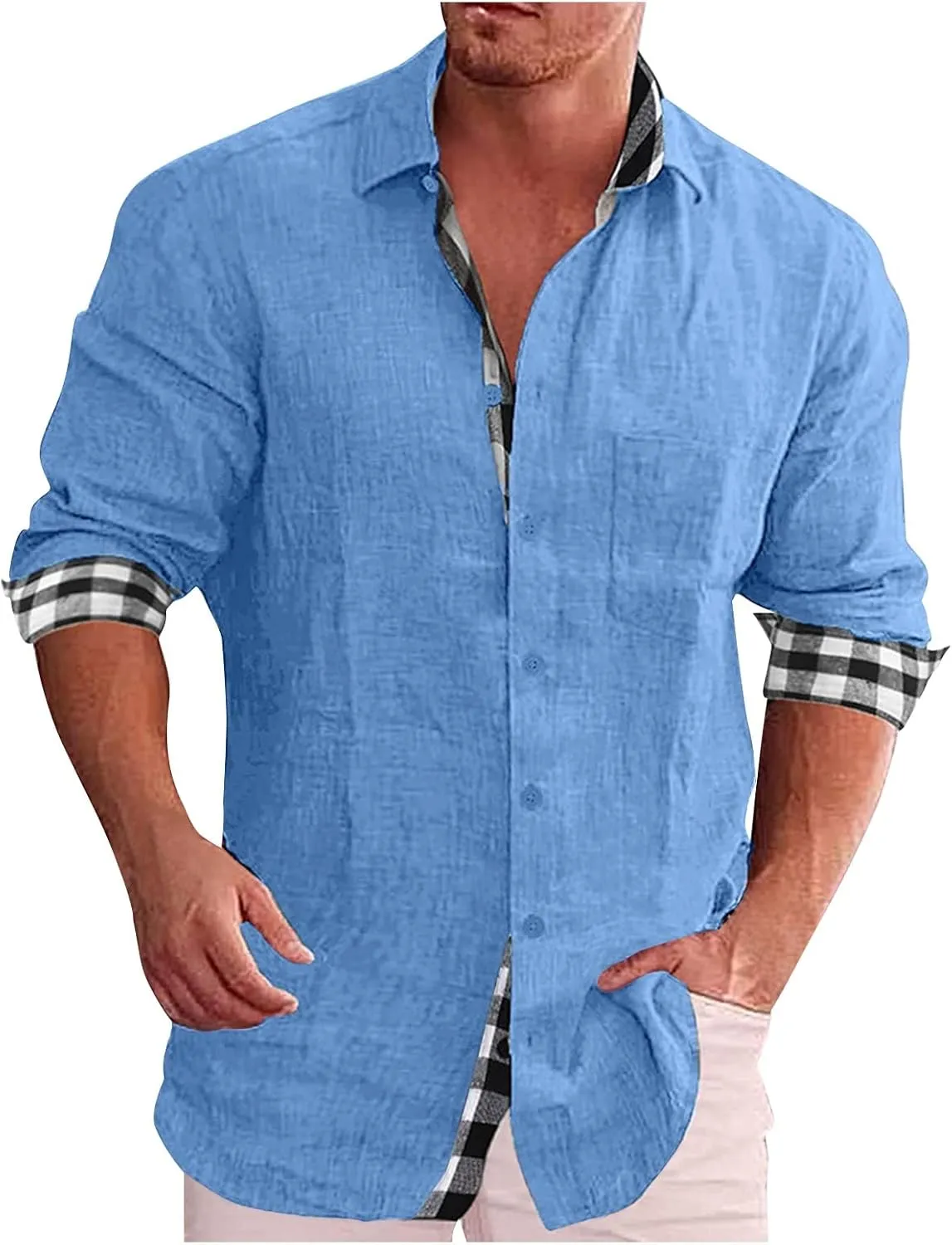 Ymosrh Men's Casual Dress Shirts Long Sleeve Classic Style Casual Button Down Plaid Collared Casual Dress Shirts, L-5XL