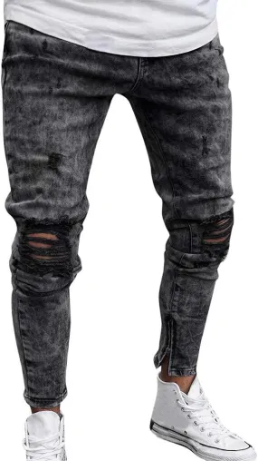 Ymosrh Mens Jeans Denim Pants Distressed Ripped Freyed Slim Fit Jeans Trousers Men's Stretch Pants